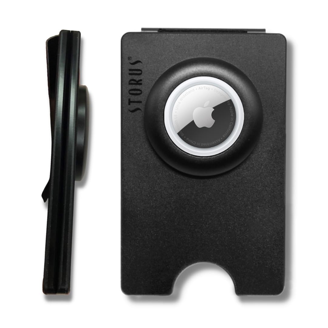 Storus Smart Wallet Trackable, RFID Blocking Card Holder Money Clip with Air Tag Compartment for Travel, Men, Father's Day, Gift - Black