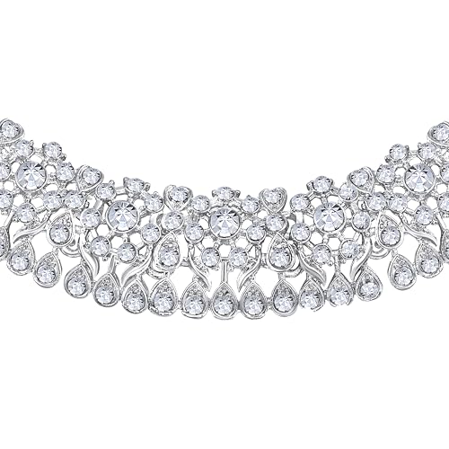 Image of Atasi International Silver Plated White Crystals American Diamonds Stylish Necklace Set with Earrings and Maang Tikka for Women and Girls | Stylish Jewellery for Party, Wedding and Festive Occasions (R6150)