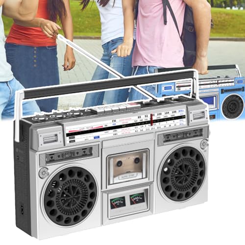 Boombox Retro con Bluetooth de los años 80, Reproductor de CD y Cintas, Compatible con Entrada SD/USB, con Radio Am/FM, grabación y transcripción con un Solo Clic.,Silver