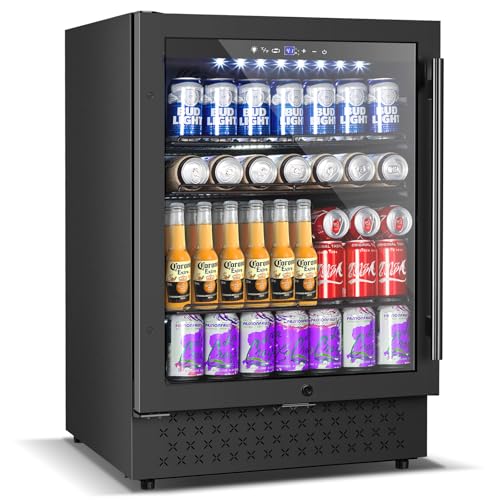 24 Inch Beverage Refrigerator, 5.2 Cu. Ft. Drink Refrigerator with Glass Door, 200 Cans Under Counter & Freestanding Drink Fridge, Reversible Door, Built-In Beverage Cooler for Kitchen, Bar or Office.