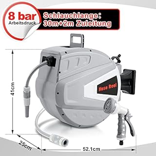 Tubiaz Avvolgitubo da 30 m, montaggio a parete, tubo da giardino con ritiro automatico, scatola tubolare girevole a 180 gradi, tamburo per irrigazione giardino (grigio)