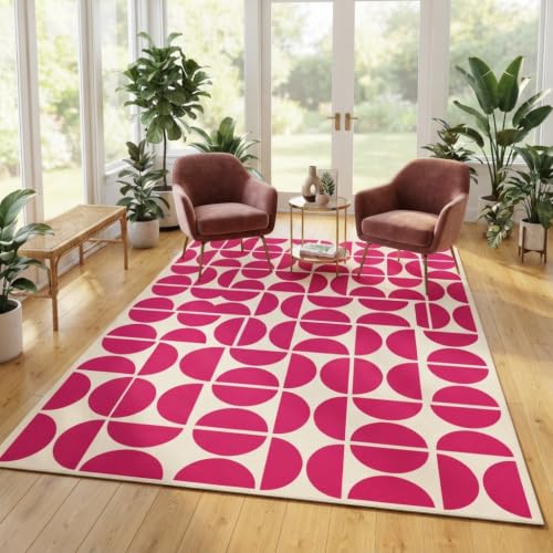 Hot Pink Cream Mid-Century Modern Rugs Bauhaus Semicircle 10x12 Geometric Rug for Girl's Bedroom Living Room Nursery Playroom Soft Pet Friendly Carpet Funky Classroom Apartment Dorm Low Pile Mats - Image 2