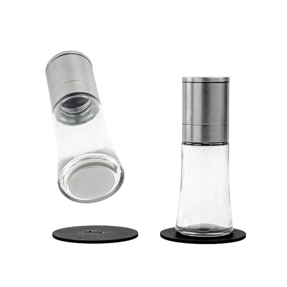 silwy GM-SP-4 Spice Mills with Magnets, Set of 2 with Adjustable Ceramic Grinder Including 2 Metal Nano Gel Pads, Glass, Neutral