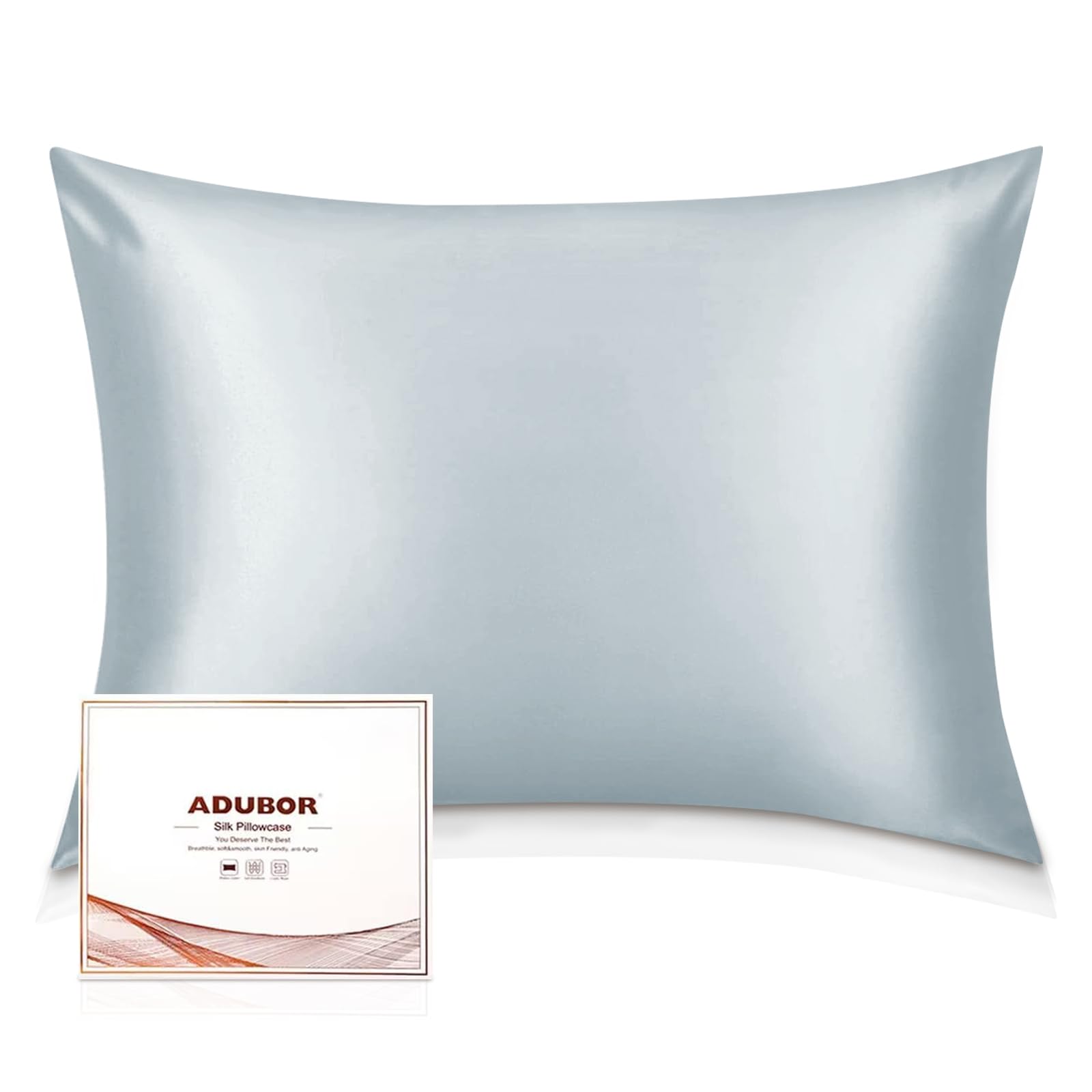 Adubor Silver Gray 100% Mulberry Silk Pillowcase For Hair And Skin With Hidden Zipper, Both Side 22 Momme Silk, 900 Thread Count (50X90cm, King Size, Silver Grey, 1Pc)