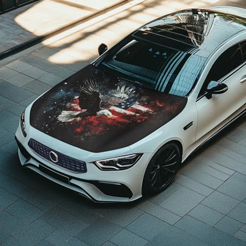 Image of Bald Eagle American Flag Design Hood Cover for Car SUV Sedan Truck, Waterproof Elastic Polyester Car Hood Protector, Automotive Exterior Decorative Accessories for Summer