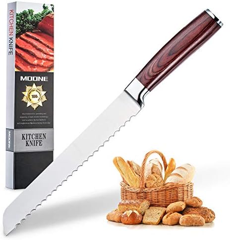 Moone Serrated Bread Knife 8 Inches High Carbon Stainless Steel Kitchen Cutlery with Wood Handle