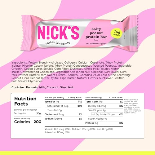 NICKS Protein Bars Chocolate Peanut | 15g protein | 200 calories | Low Carb Keto Friendly Snacks No Added Sugar (Multipack 12 bars x 50g)