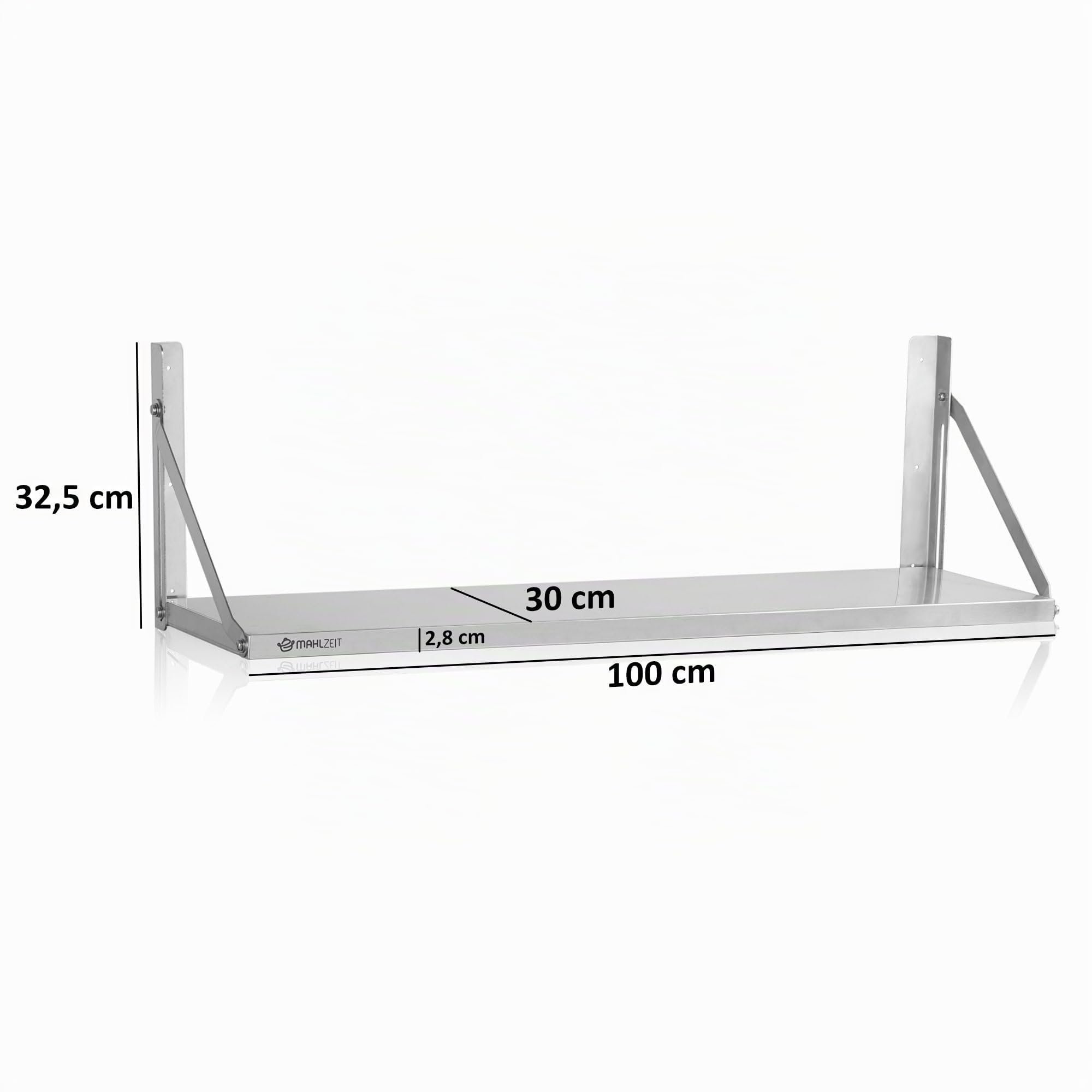 Mahlzeit Edelstahl Wandregal | 100 x 30 cm | Hängeregal, Klappbar | Silber | Ablage Gastro, Wandregal Küchenregal, Schweberegal, Edelstahl Regal,Tiefe 30cm, Shelf
