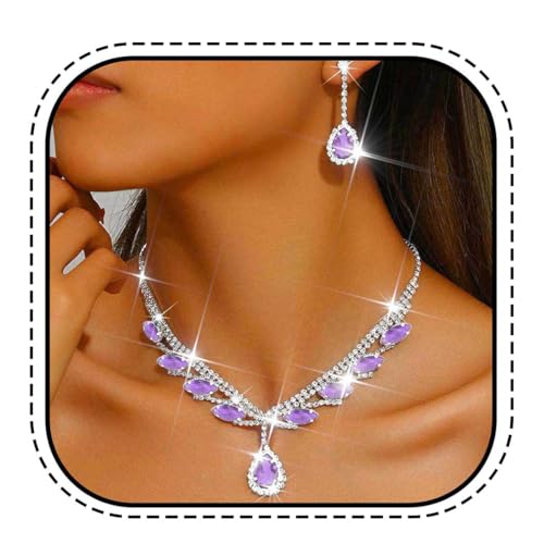 Unicra Rhinestone Bridal Wedding Jewelry Set Silver and Purple Necklace Earrings Sets Formal Prom Costume Jewelry Sets for Women and Brides (Purple)