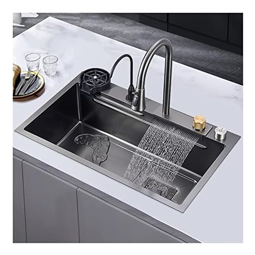 Kitchen Sink,New Stainless Steel Waterfall Sink,Bar Sink, 304 Stainless Steel Sink, with Cup Washer Sinks, Drop-in Or Undermount Installation (Color : Black-Grey, Size : 80x45x20cm)