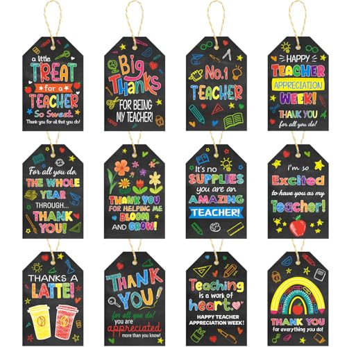 Ceiba Tree 60Pcs Thank You Teachers Tags with String Chalkboard Teacher Appreciation Gift Hanging Tags for Teacher Appreciation Week End of the Year School Gift Wrapping Supplies