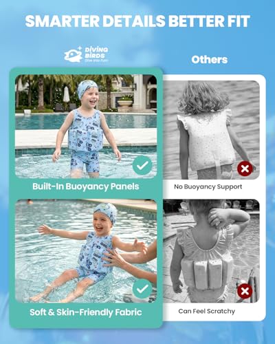 Image of DivingBirds Toddler Floatie Swimsuit with Hat for Boys Girls, Sleeveless Swim Suit with Floatation, 1-6Y