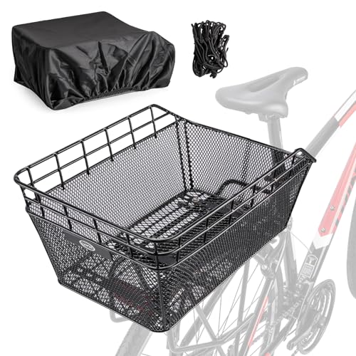 CXWXC Fahrradkorb Mit Holz-Boden - Praktischer Gepäckträger-Korb Mit Regenabdeckung & Netz