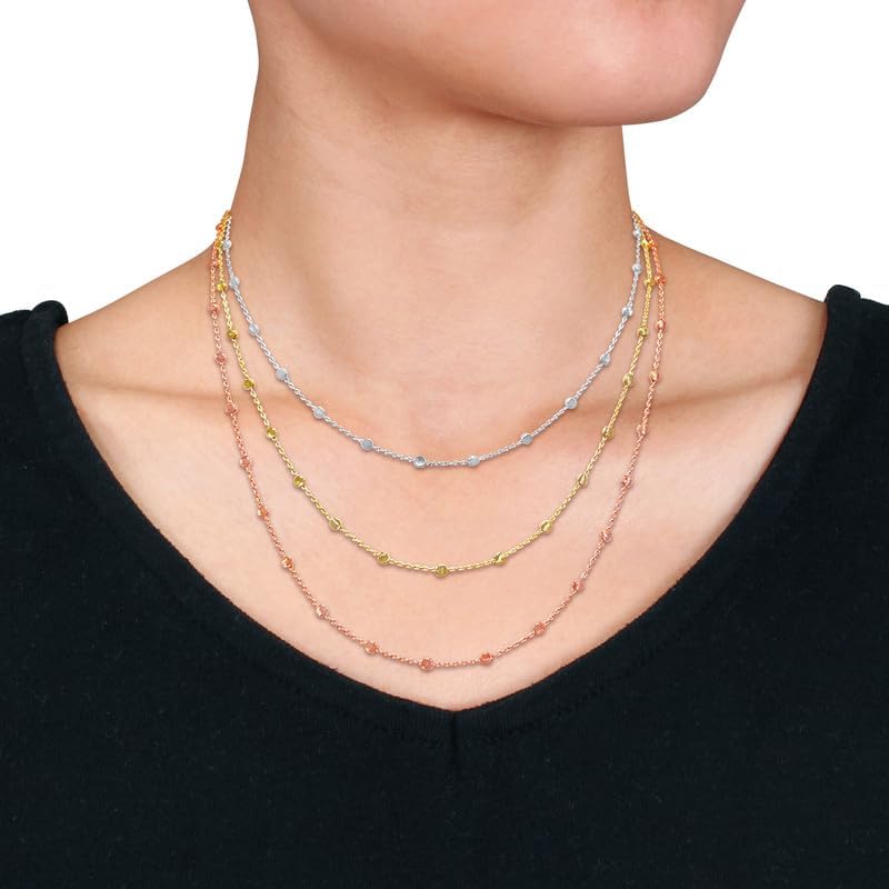 Women's 3-Strand Station Ball Necklace - Sterling Silver, Yellow Gold Flashed Plated, Rose Gold Flashed Plated, or Multi-Tone - Adjustable 16"+2" Extender