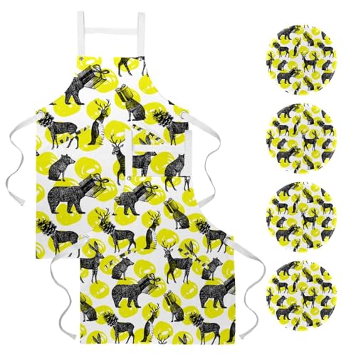 Lot de 2 tabliers de cuisine avec poches motif renne ours polaire pour pâtisserie