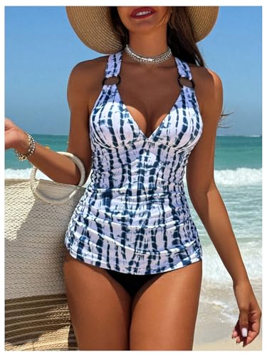 COZYEASE Women's 2 Piece Tie Dye Tankini Swimsuits Tummy Control Crisscross Tie Back Bathing Suit Boho Swimwear4