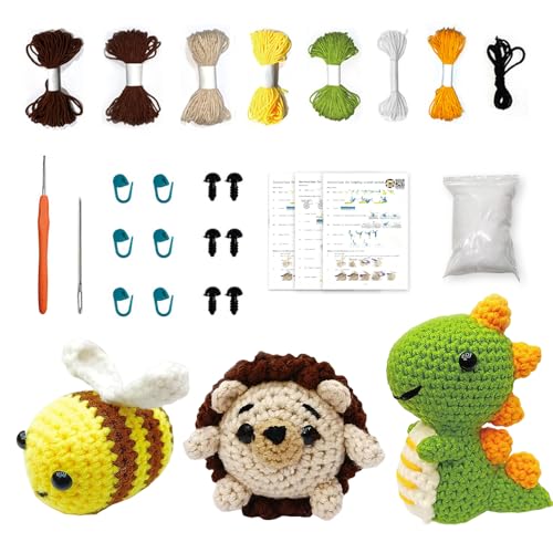 Wxeadu 3 Piezas Kit Crochet Principiantes, Animales Kit Ganchillo Incluye Tutoriales en Vídeo e Instrucciones, Animales Crochet Kit, Paso a Paso Crochet Agujas Hilo Ojos Relleno