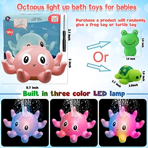 KINSI Baby Bath Toys, Octopus Induction Water Spray Light up Bathly Sprinkler Toy, for Kids Led Bath Tub Toy, Toddler Infant Bathtub Toy with Rubber Frog Turtle for Girls Boys Bathtime Gift Pink