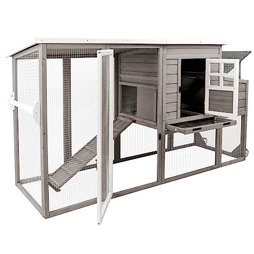 Wooden 75" Chicken Coop with Wheels Asphalt Roof Nest Boxes Pull-Out Trays - All Solid Wood and Galvanized Wire Mesh Chicken House Against Snakes, Wea