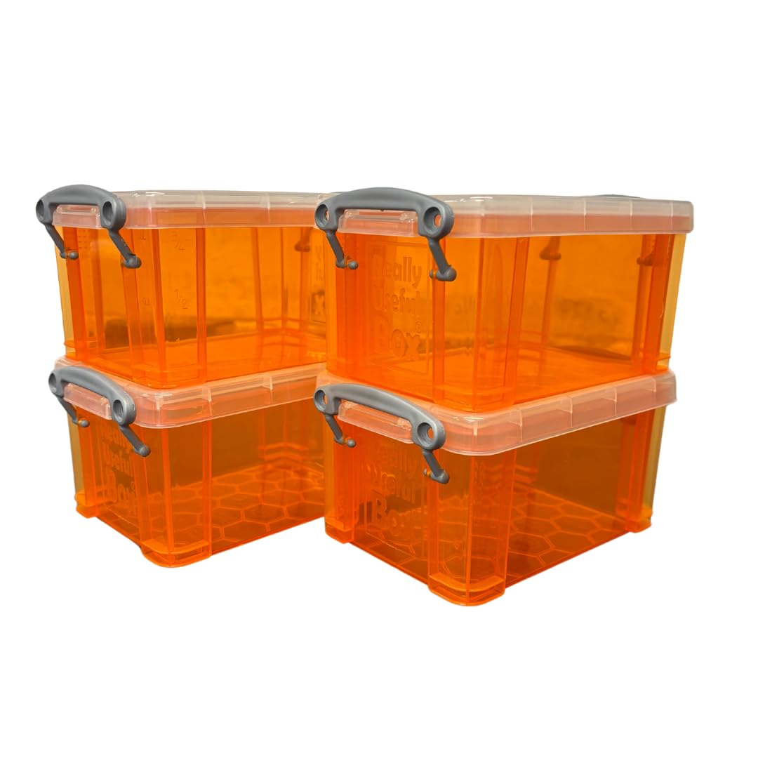 Really Useful Box, 0.7L, Clear Plastic Storage Boxes with Lids, Set of 4 (Orange)