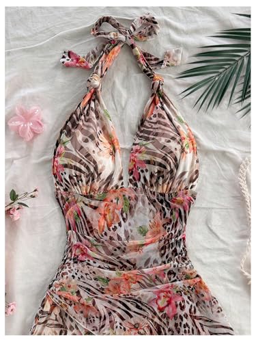 Milumia Women's Floral Leopard Tie Backless Halter Short Dress Sexy V Neck Layered Mesh Mini Dress3