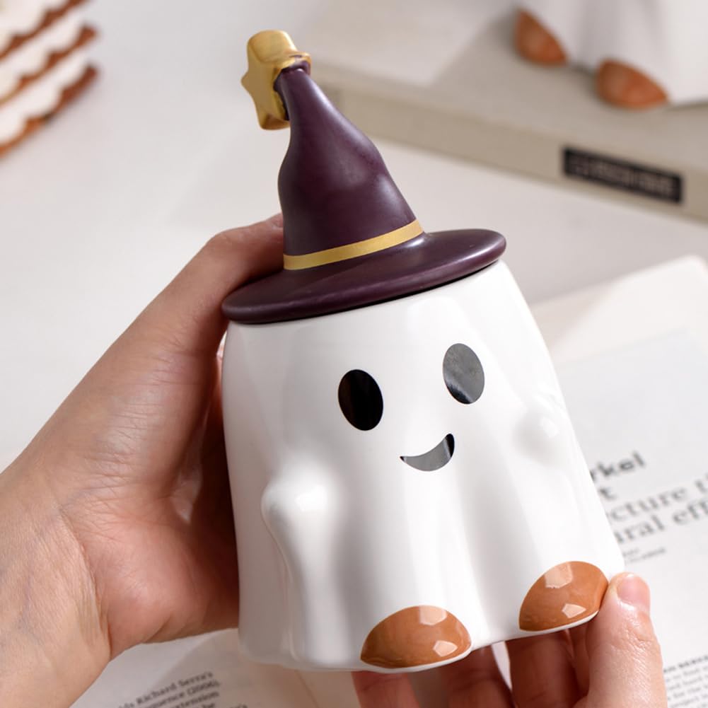 KKGUD Novelty Tea Cup, Ceramic 11oz Halloween Coffee Mug with Lid- Friendly Ghost (White), Friendly Ghost- White, Normal - Image 3