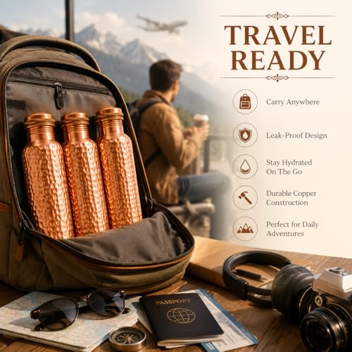 Image of 100% Pure Copper Water bottle 32 Oz with Cleaning brush, Hammered Design | Drink More Water, Lower Your Sugar Intake And Enjoy the Health Benefits Immediately (1 Brush +3Bottle)