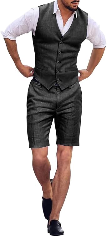Men Summer Suit Set 2 Pieces Linen Fabric Slim Fit Vest Short Pants Wedding Groomsmen Outfit Casual Style