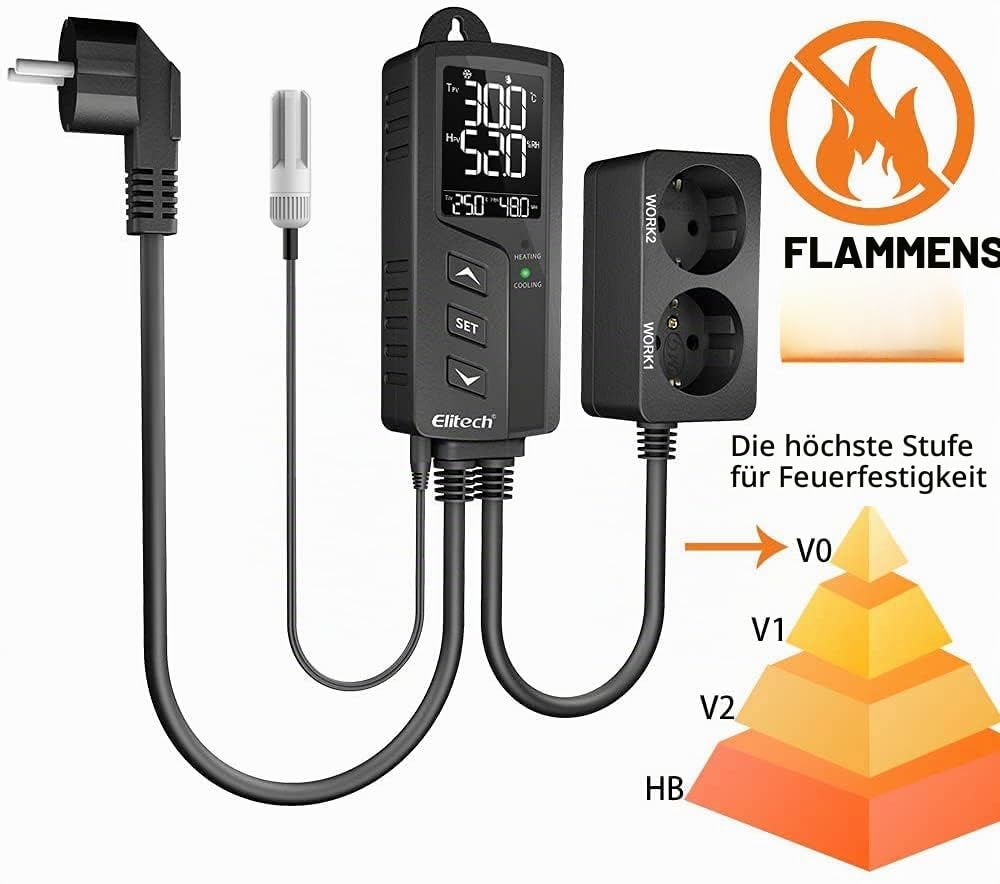 Elitech Thermostat Temperaturregler & Feuchtigkeitsregler Temperatur Steuerung Steckdosen 220V mit Sensorsonde für Gewächshaus Reptilien Terrarium