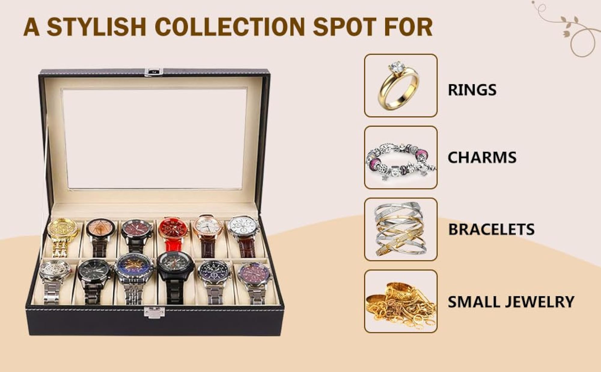 Men's Watch Box Holder Organizer Case, 12 Slots, PU Leather