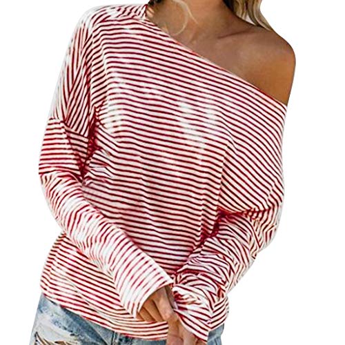 Exteren Women's Casual Collar Shirts Long Sleeve Skew Stripe Casual Tunics Tops Red