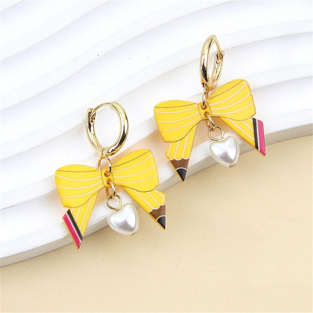 Teacher Earrings for Women Pencil Shaped Bow Earrings Heart Dangle Earring Bow Trnedy Preppy Earrings for Women Cool Earrings for Teachers - Image 4