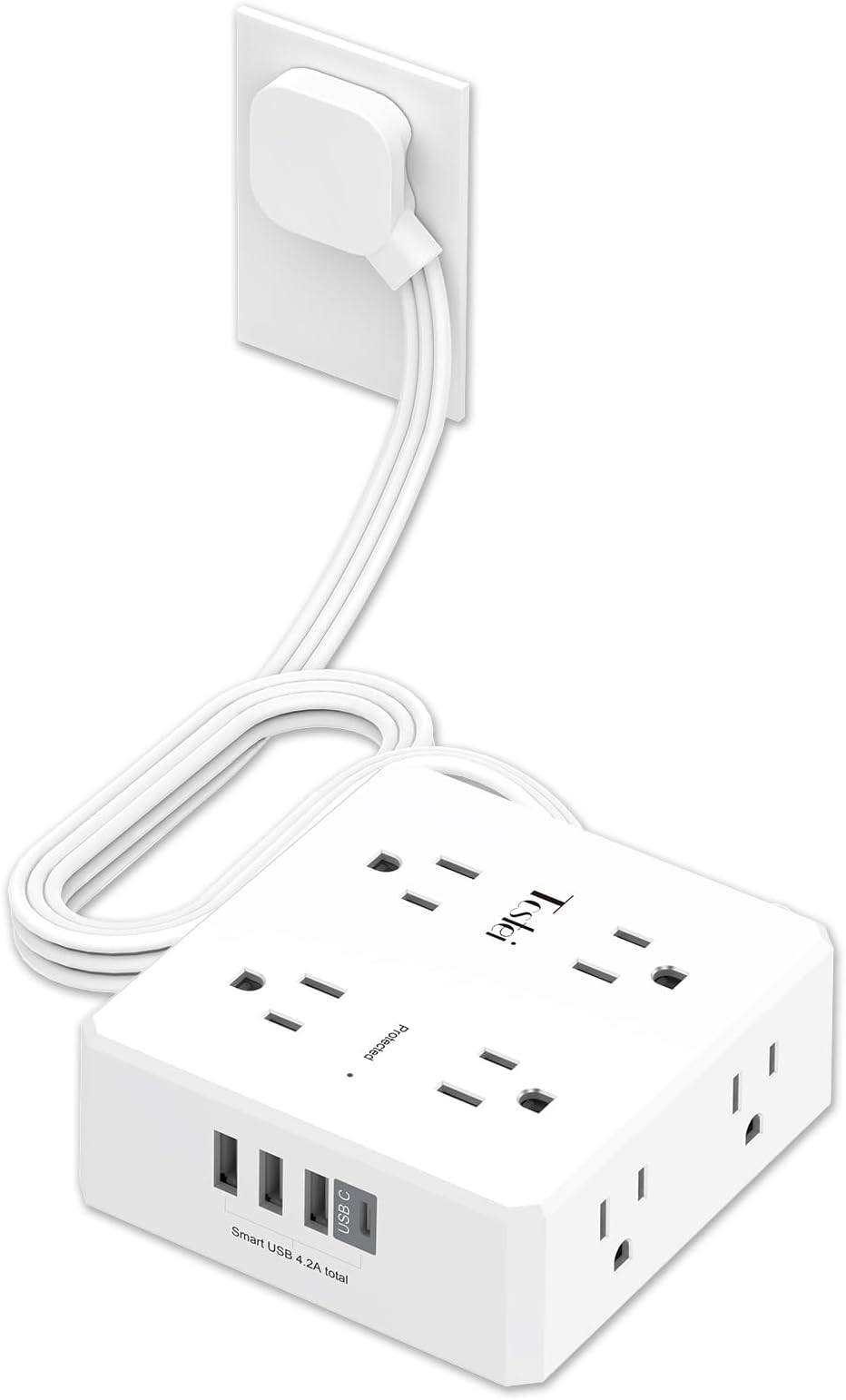 6 Ft Flat Extension Cord, Tcstei Ultra-Thin Flat Plug Surge Protector Power Strip, 3-Sided Outlet Extender, 8 AC Outlets and 4 USB Ports(1 USB C) for Home, Office, Dorm Room Essentials, ETL, White