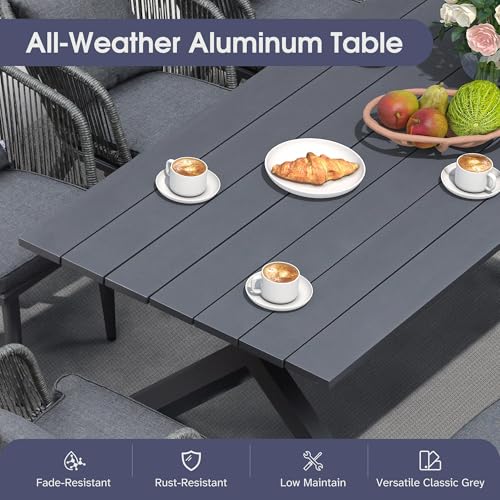 Image of PURPLE LEAF 7 Pieces Patio Dining Set Wicker Outdoor Furniture Rectangular Table and Chairs Set for Garden Deck Aluminum Frame Backyard Kitchen Set, Cushions and Pillows Included Grey
