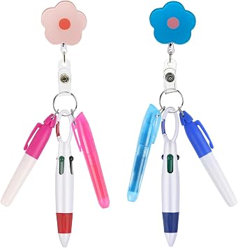 Nurse Badge Accessories Pen Pack Set Including 2 Retractable Badge Reel Clips, 2 Mini Highlighters, 2 Permanent Markers, and 2 Multicolored Ballpoint Pens For Nurse, Pink And Blue