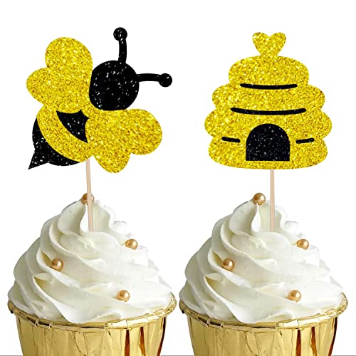 Photway Cupcake Toppers Dekorationen, 40 Pcs Glitter Gold Bumble Bee Cup Cake Topper | Niedlich Dekorieren Zubehör für Geschlecht Reveal Baby Dusche Geburtstag Party Dekor Cover