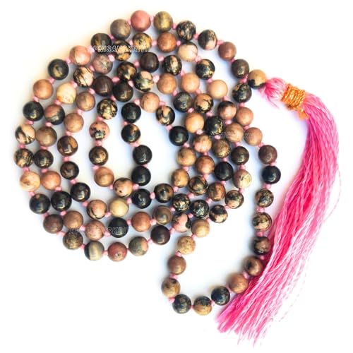 Image of Apnisanskriti Premium Rhodonite Stone Mala for Men and Women (6mm, AAA Quality, Lab Certified, 108+1) - Natural Stone Beads Mala - Pink & Black Veins Colour - Pack of 1