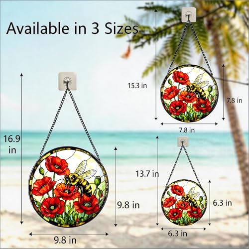 Stained Glass Sun Catcher,Bees and Red Flower Printed Stained Glass Window Hanging Garden Decor Gifts,Sun Catchers Indoor Window,Whimsical Decoration for Home Backyard Patio Lawn Porch 6.3 Inch by Ahbuohe - Used condition - Image 6