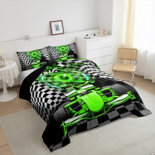 Image of Feelyou Kids Green Racing Car Bedding Set Twin Size, Extreme Sports Comforter Set Boys Girls Karting Road Duvet Insert Teens Bedroom Decor Microfiber Bed Set