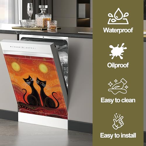 Image of Black Cat Magnetic Dishwasher Cover,Ethnic Sun Dishwasher Covers for The Front Magnetic Dishwasher Panel Decal Cover for Kitchen 23x26inch