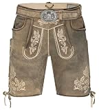 Schöneberger Trachten Couture Herren Lederhose kurz mit Trachten gürtel, Trachtenlederhose für Oktoberfest, Braun-Antik Velour-Vollleder Berghirsch (50,13819)