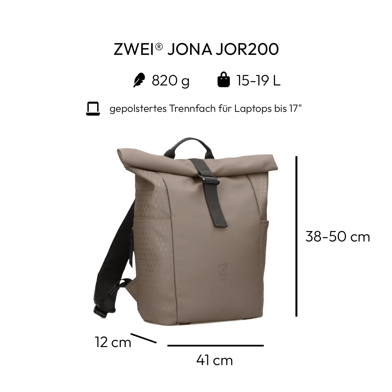 Zwei Unisex Rolltop-Rucksack JONA JOR200 Damen & Herren Freizeitrucksack mit Laptopfach & Flaschenhalter – erweiterbarer Daypack 15–19 L, gepolsterter & atmungsaktiver Rücken (mocca)