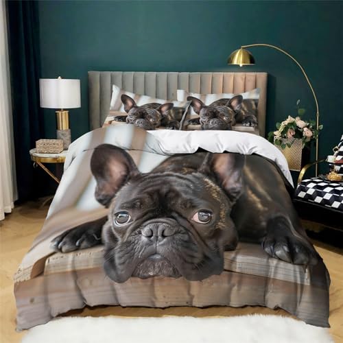 CozyRest Copripiumino Matrimoniale 260 x 240 cm, Set Copripiumino in Microfibra, Set di biancheria da letto Bulldog Francese Nero 3 Pezzi, Copripiumone con Cerniera e 2 Federe,