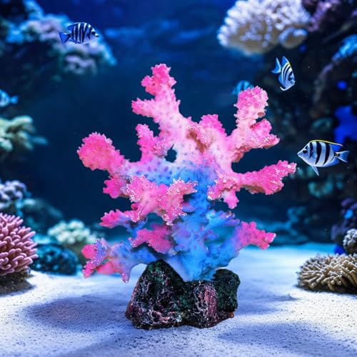 Image of Polyresin Coral Ornament for Fish Tank Decorations,Aquarium Landscape Decor - Safe for Saltwater & Freshwater,Blue&Pink