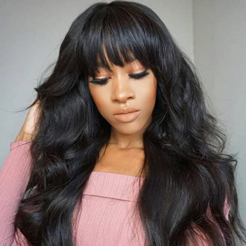 Body Wave Wigs with Bangs Human Hair Glueless Wavy Full Machine Made Scalp Top Wig None Lace Front Wigs for Black Women 180% Density Brazilian Virgin Hair Natural Color 24 inch