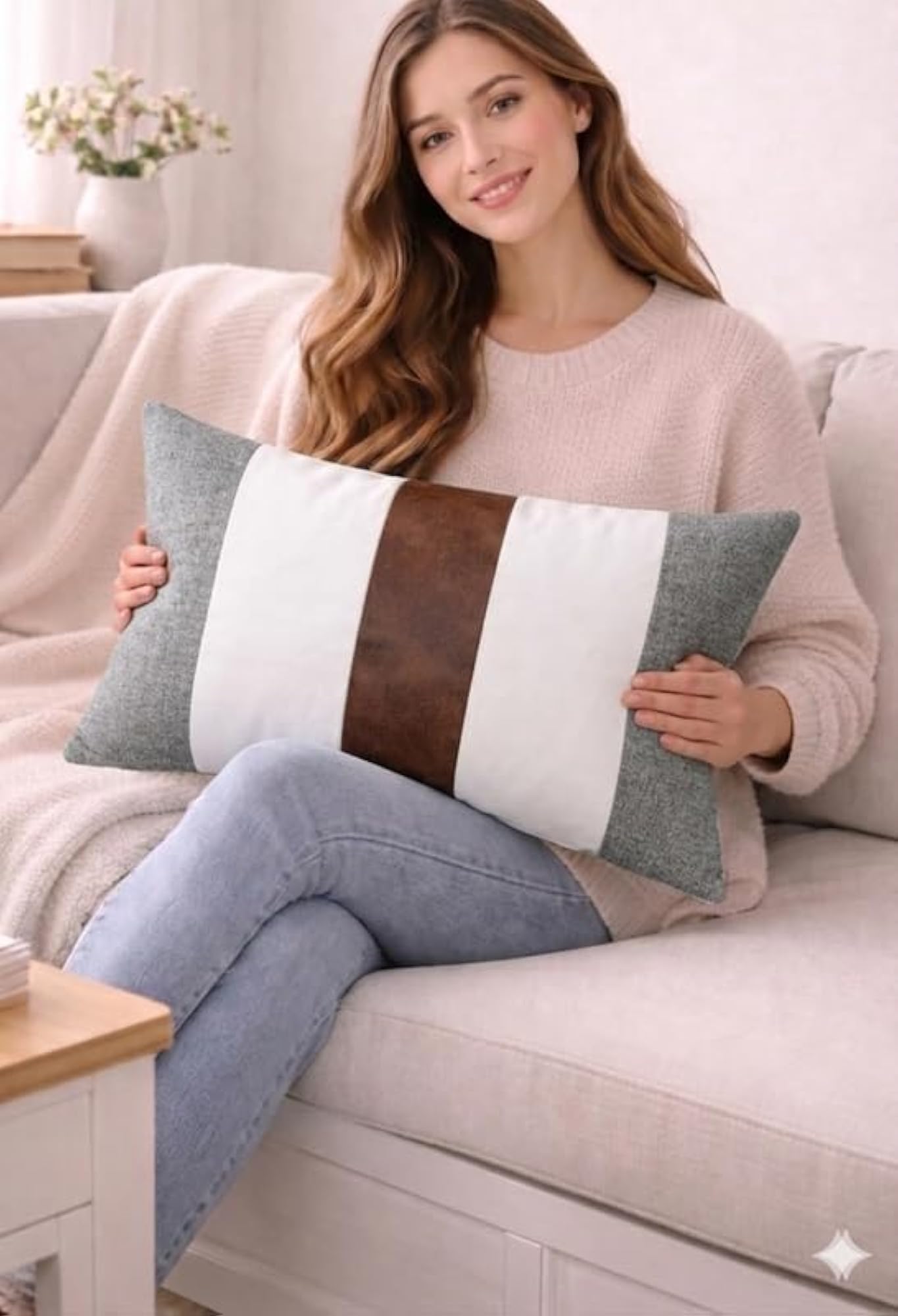 Scandinavian Linen Leather Cushion Cover Grey White Brown Striped