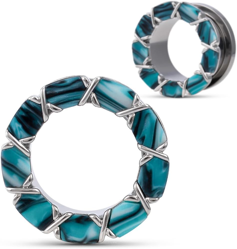 COOEAR Screw Back Ear Gauges Flesh Tunnels, Segmented Color Film Plugs Earrings Piercing Silver.