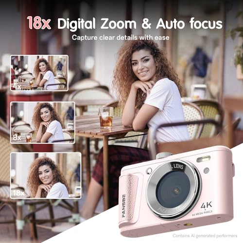 Image of Fansbe Smart Digital Camera, 4K Vlogging Camera with 64MP, Point and Shoot Digital Cameras with 18X Zoom, Anti-Shake, Mode Dial, 32GB SD Card, Card Reader, Charger, Compact Small Cameras, Pink