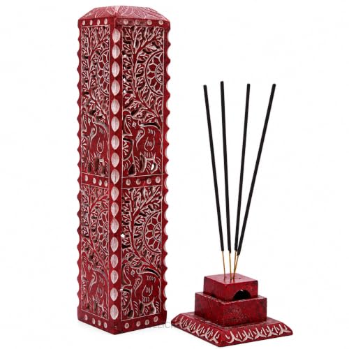 Image of Handmade Marble Soapstone Incense Stick Burner | Candle Stick Holder | Tea Light Burner - Flower and Elephant Carving Decorative (3 x 3 x 11 Inches)(Square, Red)