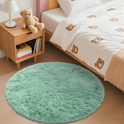 OLANLY Mint Green Round Rugs for Bedroom - Machine Washable, 3 ft Circle Area Rugs for Living Room, Soft and Fluffy Shaggy Carpet for Teen Girls and Boys, Nursery Rooms, Dorms, Home Decor Aesthetic